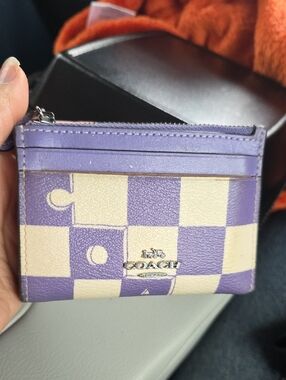 Coach Purple and Cream Checker Card Wallet with Silver Logo